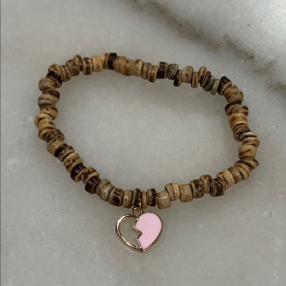 Heart Charm Wood Beaded Bracelet Bohemian Handmade Jewelry